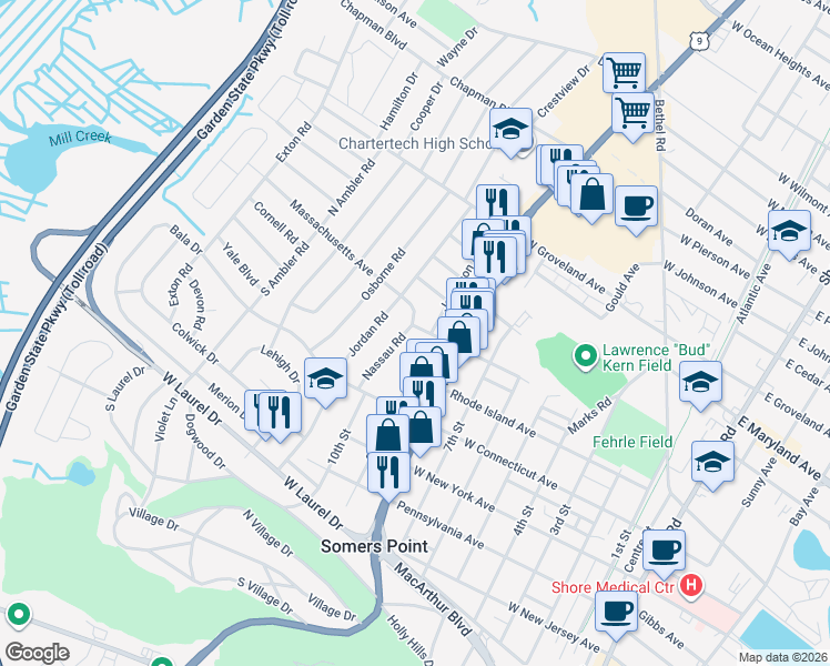map of restaurants, bars, coffee shops, grocery stores, and more near 21 Nassau Road in Somers Point