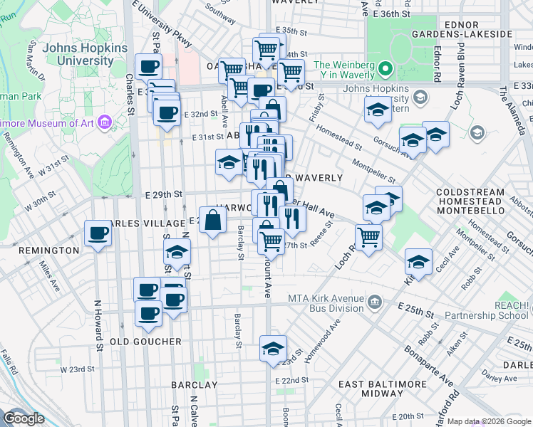 map of restaurants, bars, coffee shops, grocery stores, and more near 452 East 28th Street in Baltimore