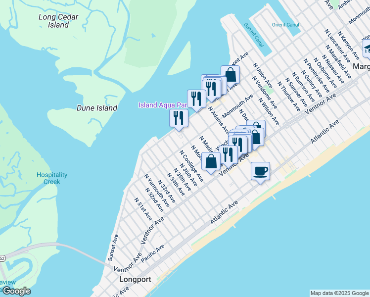 map of restaurants, bars, coffee shops, grocery stores, and more near 9712 Monmouth Avenue in Margate City