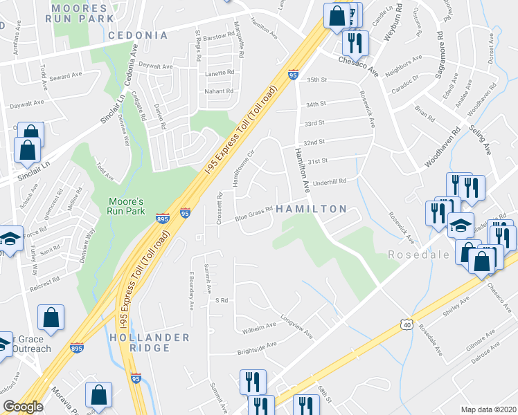 map of restaurants, bars, coffee shops, grocery stores, and more near 7708 Bluegrass Heights Ct in Rosedale