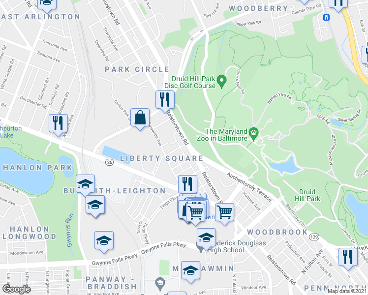 map of restaurants, bars, coffee shops, grocery stores, and more near 3022 Reisterstown Road in Baltimore