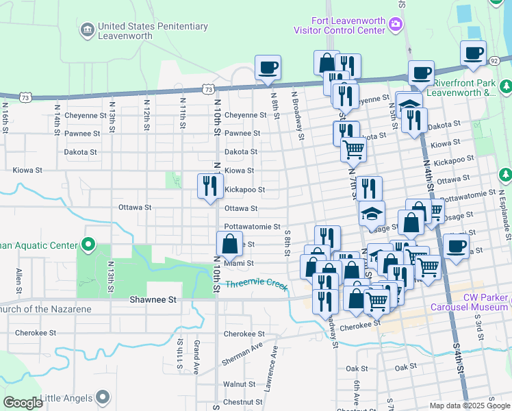 map of restaurants, bars, coffee shops, grocery stores, and more near 838 Ottawa Street in Leavenworth