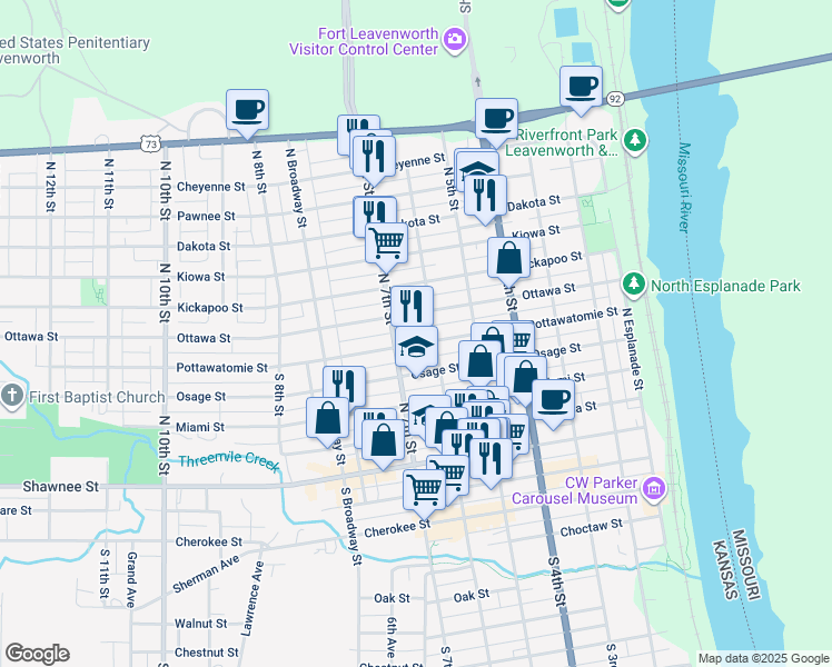 map of restaurants, bars, coffee shops, grocery stores, and more near 614 Pottawatomie Street in Leavenworth