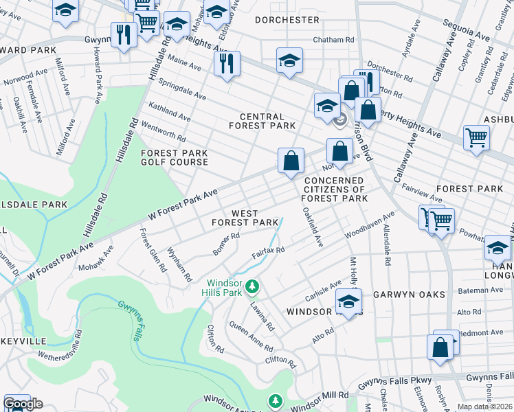 map of restaurants, bars, coffee shops, grocery stores, and more near 4216 Fairview Avenue in Baltimore