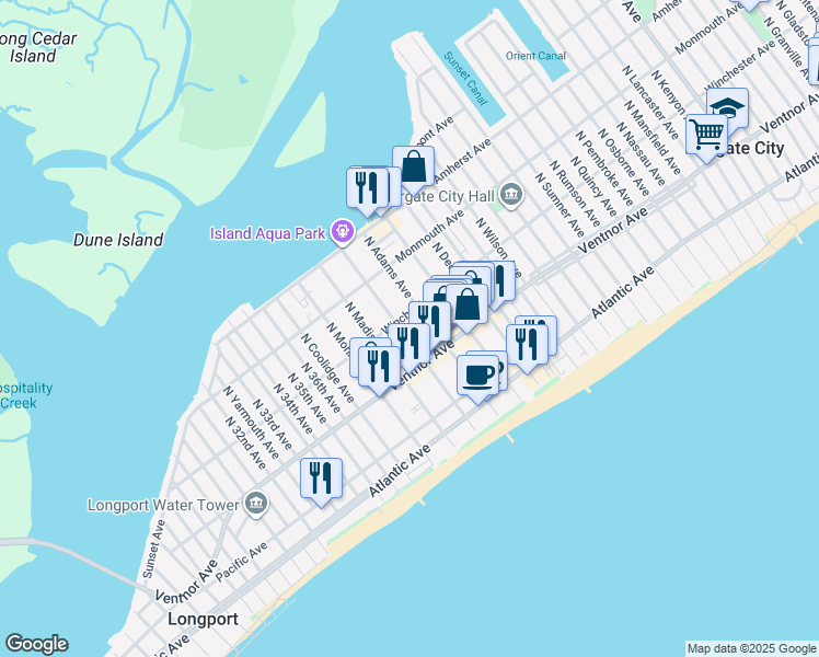 map of restaurants, bars, coffee shops, grocery stores, and more near 18 North Adams Avenue in Margate City