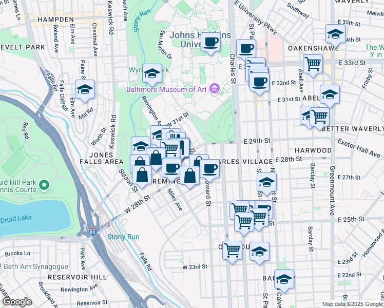 map of restaurants, bars, coffee shops, grocery stores, and more near 227 West 29th Street in Baltimore