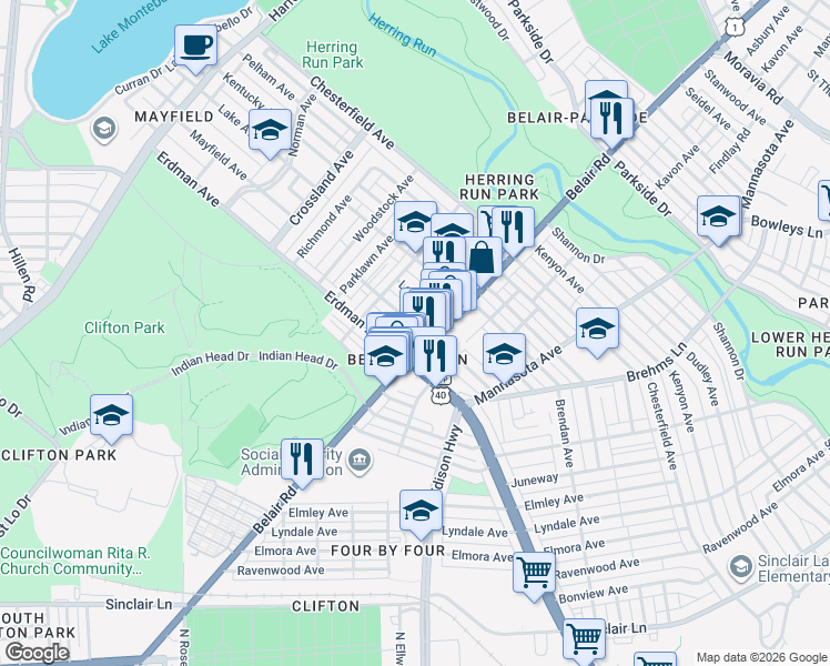map of restaurants, bars, coffee shops, grocery stores, and more near 2867 Mayfield Avenue in Baltimore