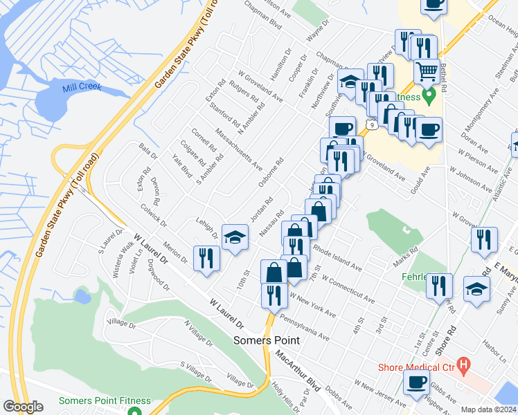 map of restaurants, bars, coffee shops, grocery stores, and more near 148 Jordan Road in Somers Point