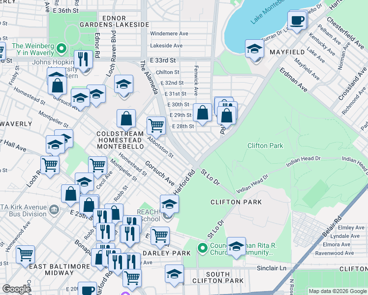 map of restaurants, bars, coffee shops, grocery stores, and more near 2749 The Alameda in Baltimore