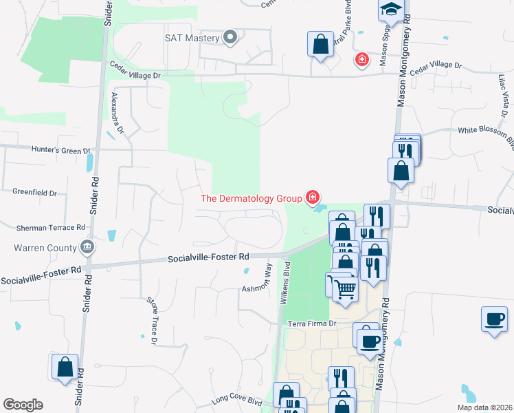 map of restaurants, bars, coffee shops, grocery stores, and more near 5452 Harbourside Drive in Mason
