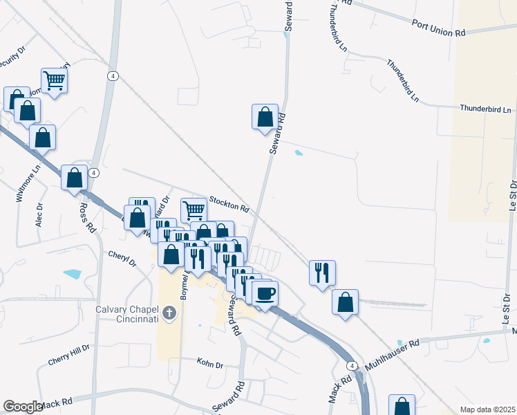 map of restaurants, bars, coffee shops, grocery stores, and more near 9391 Seward Road in Fairfield