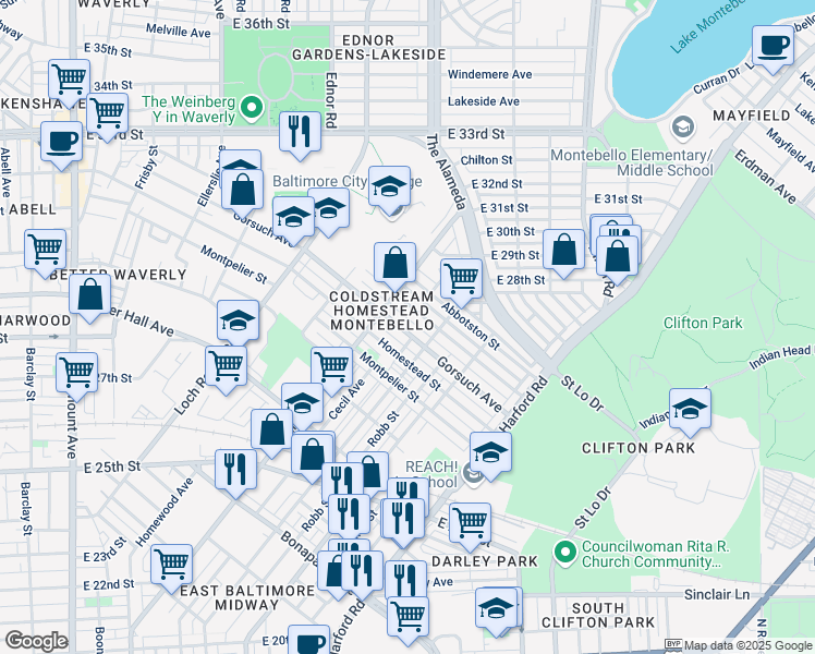 map of restaurants, bars, coffee shops, grocery stores, and more near 1522 Gorsuch Avenue in Baltimore