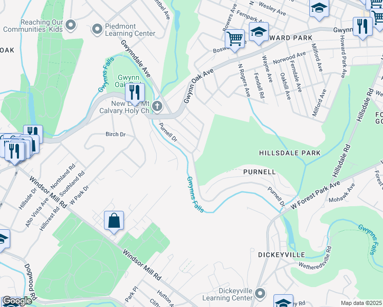 map of restaurants, bars, coffee shops, grocery stores, and more near 2600 Purnell Drive in Woodlawn