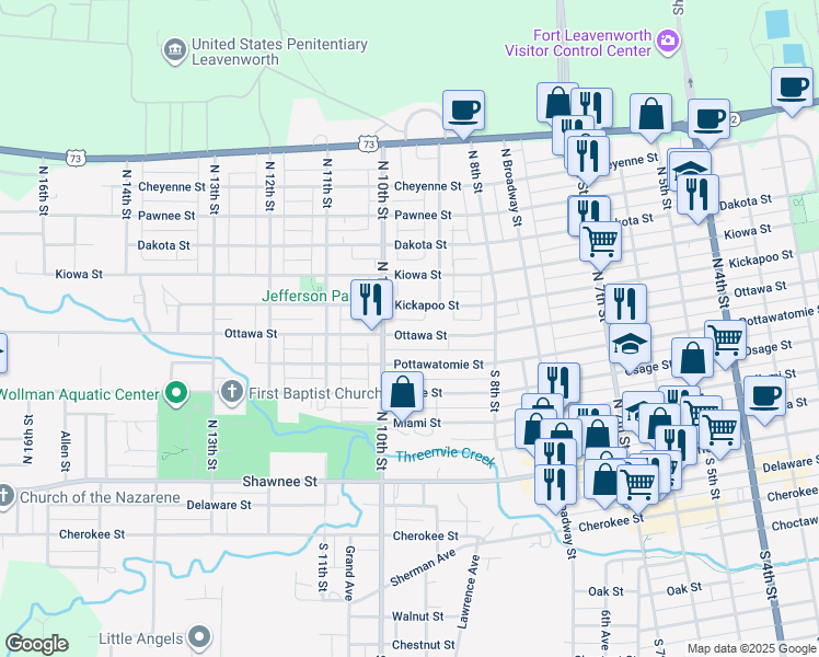 map of restaurants, bars, coffee shops, grocery stores, and more near 924 Ottawa Street in Leavenworth
