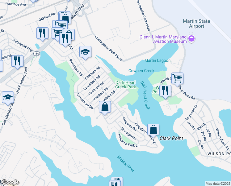 map of restaurants, bars, coffee shops, grocery stores, and more near 2226 Graythorn Road in Middle River