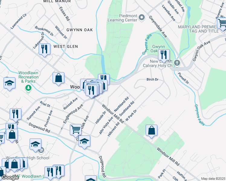 map of restaurants, bars, coffee shops, grocery stores, and more near 12 Summerfield Road in Woodlawn