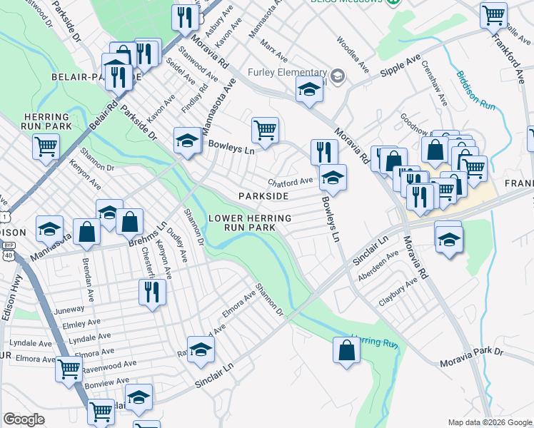 map of restaurants, bars, coffee shops, grocery stores, and more near 4714 Parkside Drive in Baltimore
