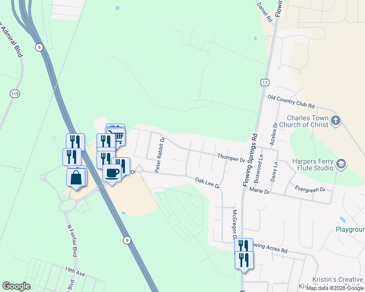 map of restaurants, bars, coffee shops, grocery stores, and more near 328 Thumper Drive in Ranson