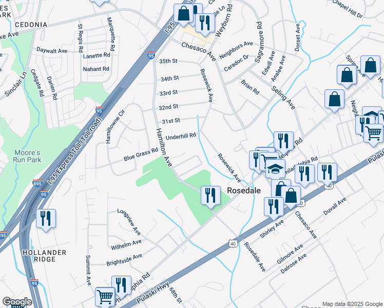 map of restaurants, bars, coffee shops, grocery stores, and more near 7918 Montrose Avenue in Rosedale
