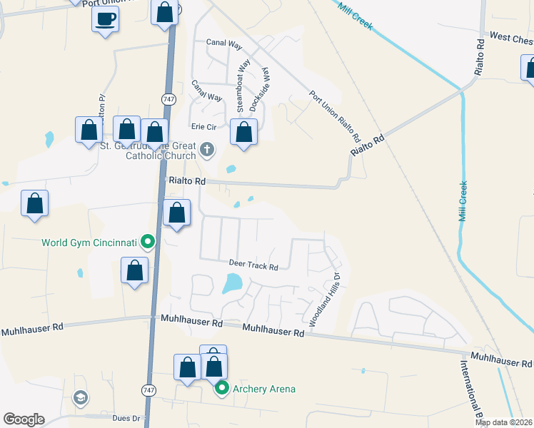 map of restaurants, bars, coffee shops, grocery stores, and more near 5012 Rialto Ridge Drive in Butler County
