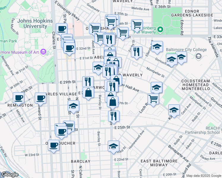 map of restaurants, bars, coffee shops, grocery stores, and more near 2800 Greenmount Avenue in Baltimore