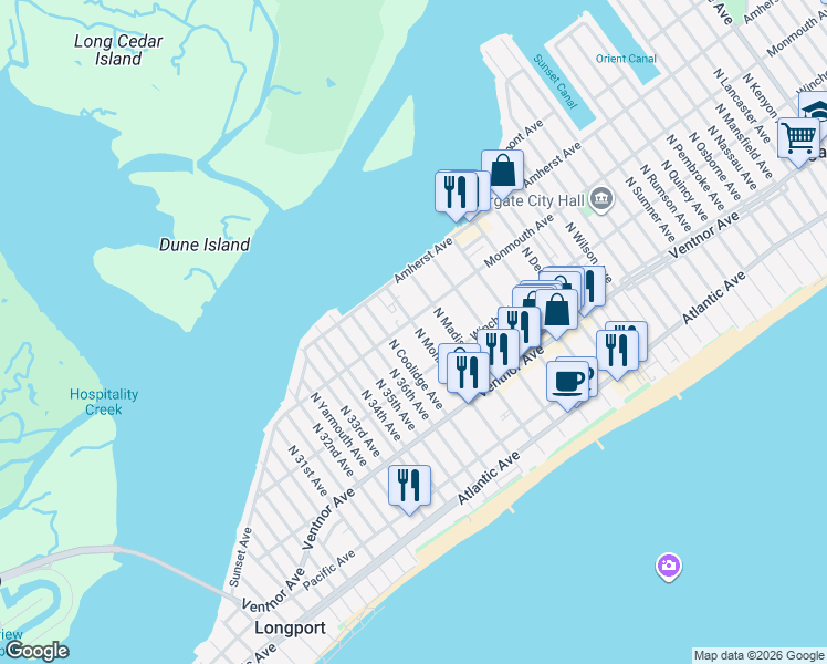 map of restaurants, bars, coffee shops, grocery stores, and more near 9712 Monmouth Avenue in Margate City