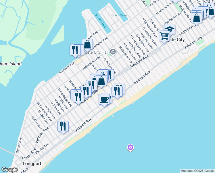map of restaurants, bars, coffee shops, grocery stores, and more near 8 South Benson Avenue in Margate City