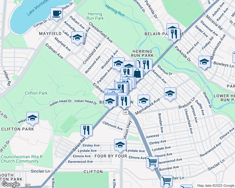 map of restaurants, bars, coffee shops, grocery stores, and more near 2861 Mayfield Avenue in Baltimore