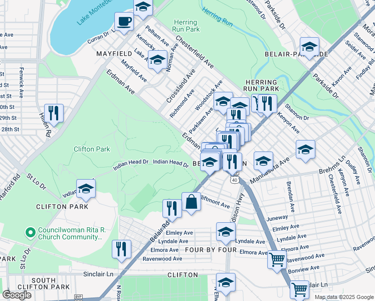 map of restaurants, bars, coffee shops, grocery stores, and more near 2822 Clifton Park Terrace in Baltimore