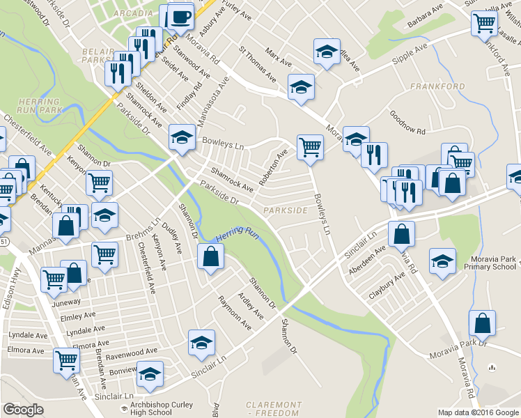 map of restaurants, bars, coffee shops, grocery stores, and more near 4714 Parkside Drive in Baltimore