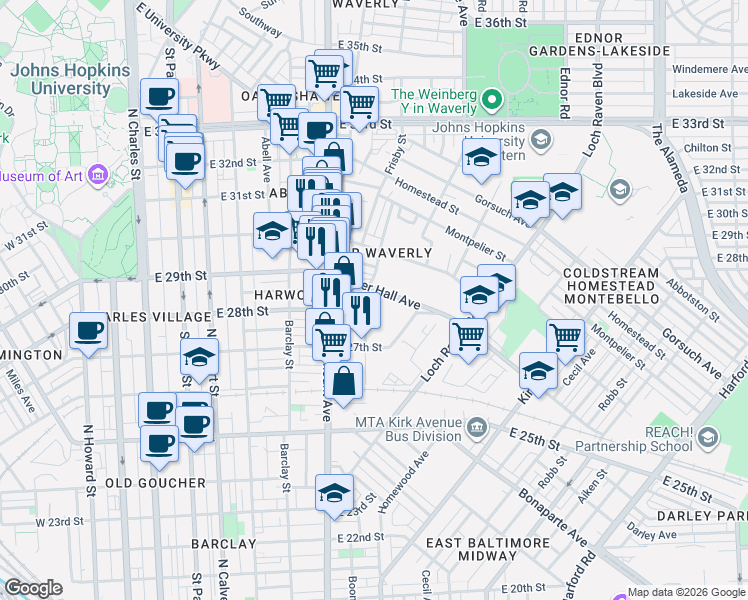 map of restaurants, bars, coffee shops, grocery stores, and more near 2821 Mathews Street in Baltimore
