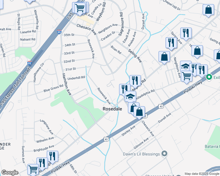 map of restaurants, bars, coffee shops, grocery stores, and more near 1315 Chesaco Avenue in Rosedale