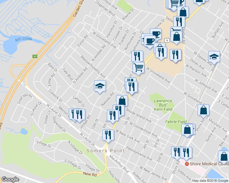 map of restaurants, bars, coffee shops, grocery stores, and more near 21 Nassau Road in Somers Point