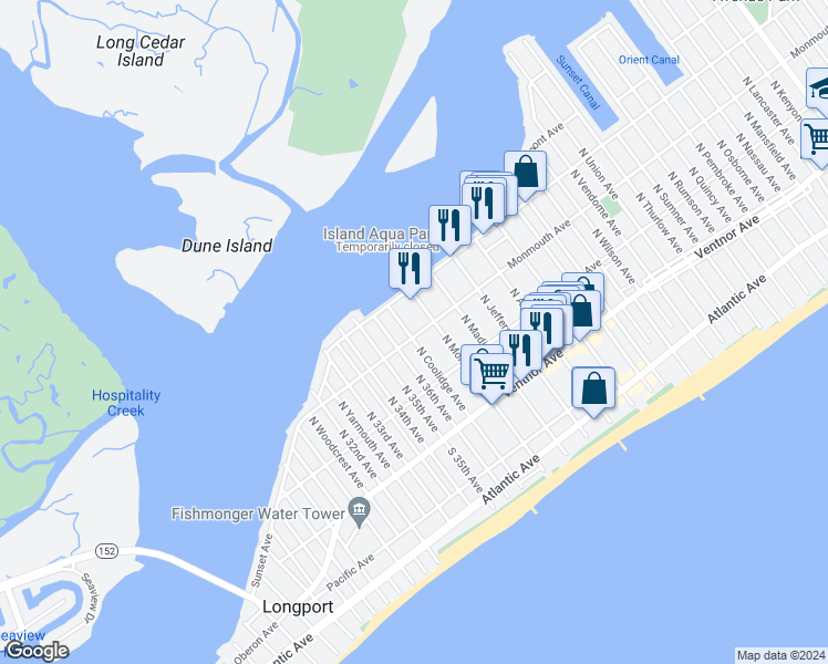 map of restaurants, bars, coffee shops, grocery stores, and more near 9712 Monmouth Avenue in Margate City