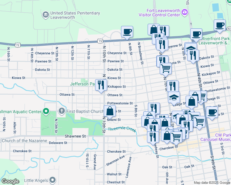 map of restaurants, bars, coffee shops, grocery stores, and more near 838 Ottawa Street in Leavenworth