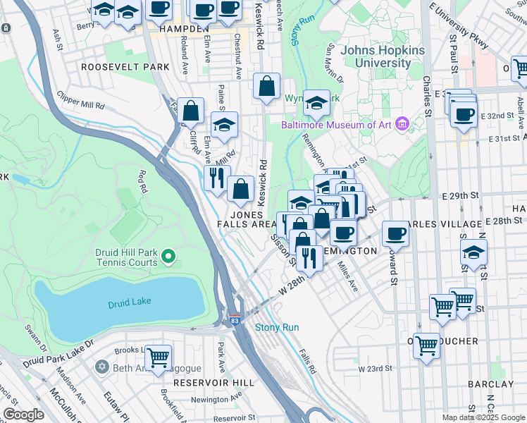 map of restaurants, bars, coffee shops, grocery stores, and more near 2913 Keswick Road in Baltimore