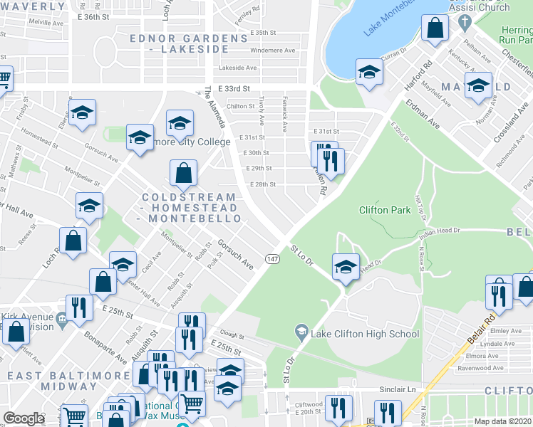 map of restaurants, bars, coffee shops, grocery stores, and more near 2751 The Alameda in Baltimore