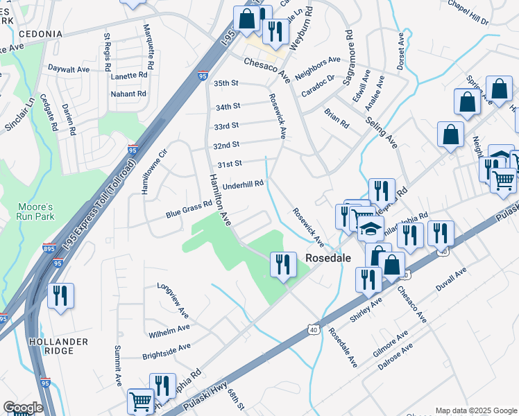 map of restaurants, bars, coffee shops, grocery stores, and more near 7918 Montrose Avenue in Rosedale