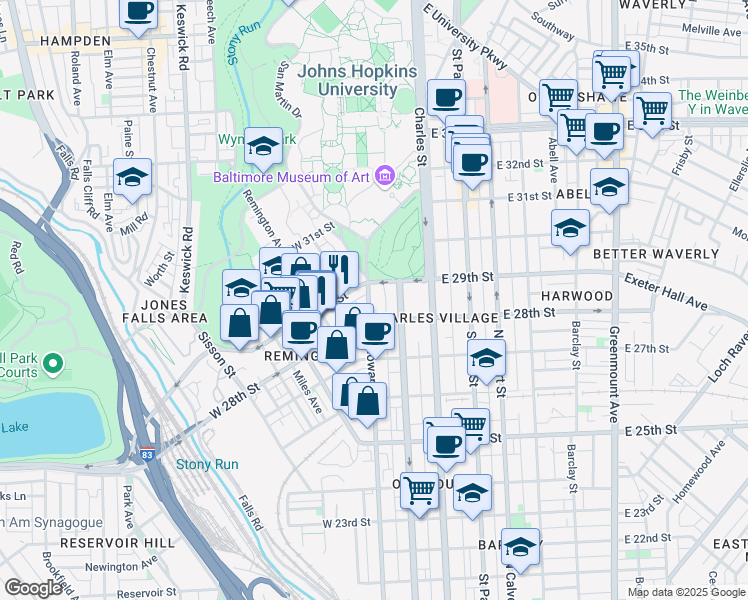 map of restaurants, bars, coffee shops, grocery stores, and more near 2825 North Howard Street in Baltimore