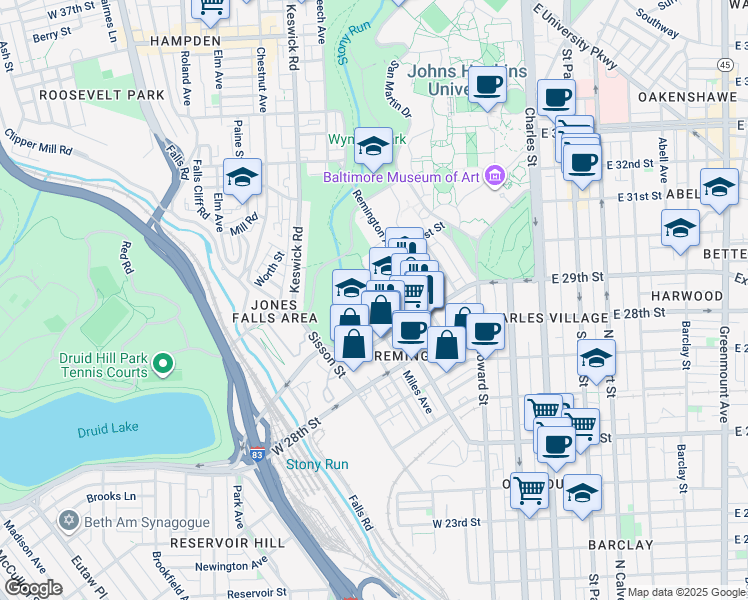 map of restaurants, bars, coffee shops, grocery stores, and more near 3000 Huntingdon Avenue in Baltimore