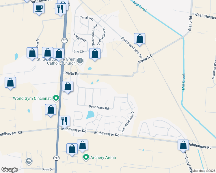 map of restaurants, bars, coffee shops, grocery stores, and more near 5012 Rialto Ridge Drive in Butler County