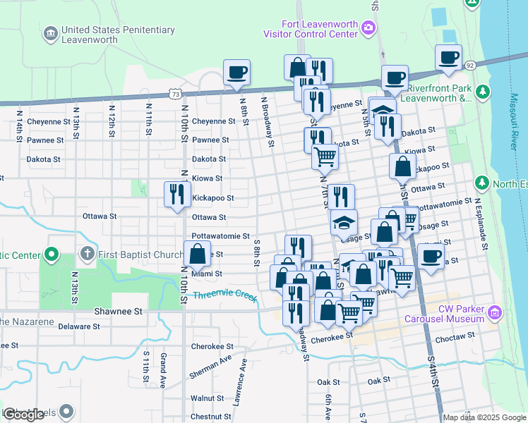 map of restaurants, bars, coffee shops, grocery stores, and more near 774 Ottawa Street in Leavenworth