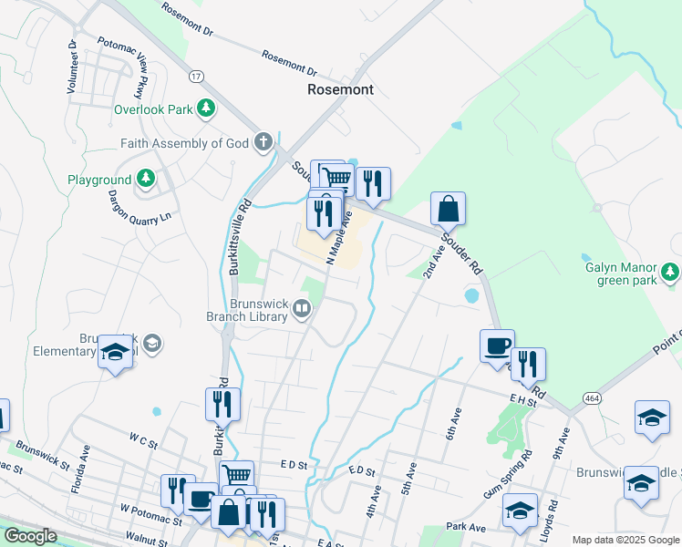 map of restaurants, bars, coffee shops, grocery stores, and more near 13 East Orndorff Drive in Brunswick