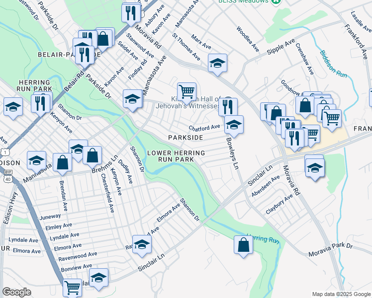map of restaurants, bars, coffee shops, grocery stores, and more near 4708 Parkside Drive in Baltimore