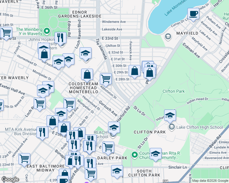 map of restaurants, bars, coffee shops, grocery stores, and more near 2784 The Alameda in Baltimore