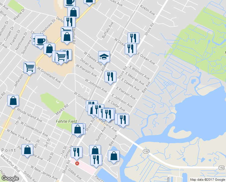 map of restaurants, bars, coffee shops, grocery stores, and more near 312 Shore Road in Somers Point