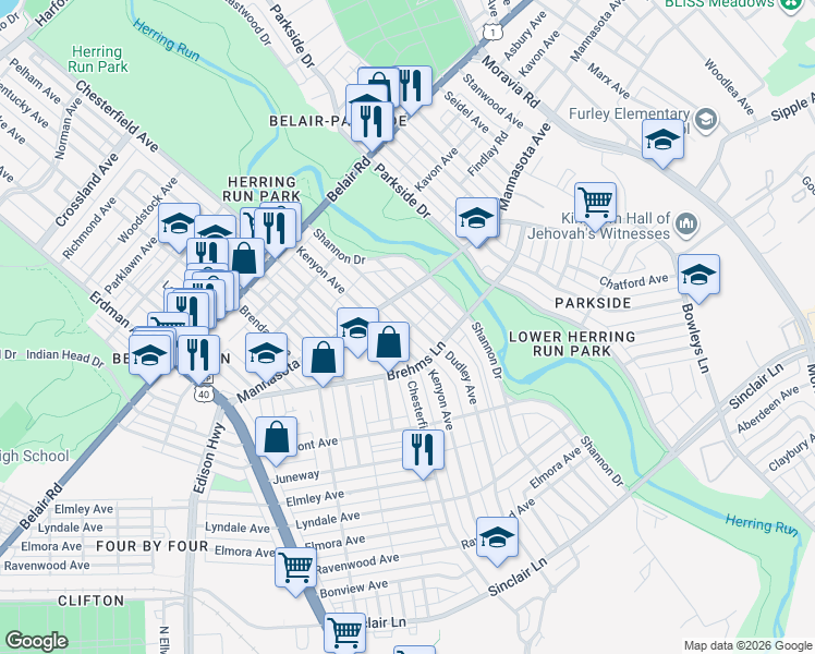 map of restaurants, bars, coffee shops, grocery stores, and more near 3343 Dudley Avenue in Baltimore
