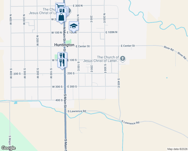 map of restaurants, bars, coffee shops, grocery stores, and more near 215 South 200 East in Huntington