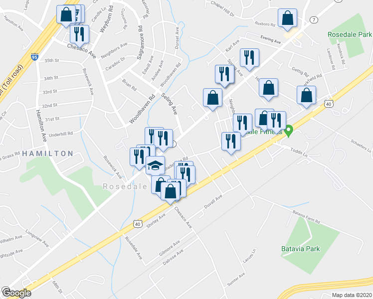 map of restaurants, bars, coffee shops, grocery stores, and more near 1228 Sellier Avenue in Rosedale