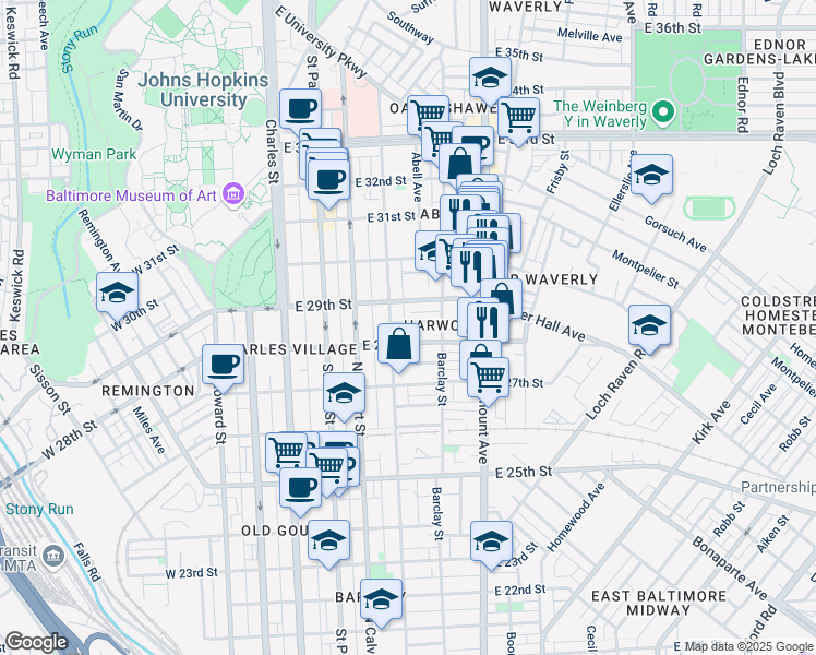 map of restaurants, bars, coffee shops, grocery stores, and more near 303 Ilchester Avenue in Baltimore